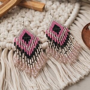 Boho Chic Pink Black Seed Bead Fringe Earrings Stainless Steel Hook Handmade